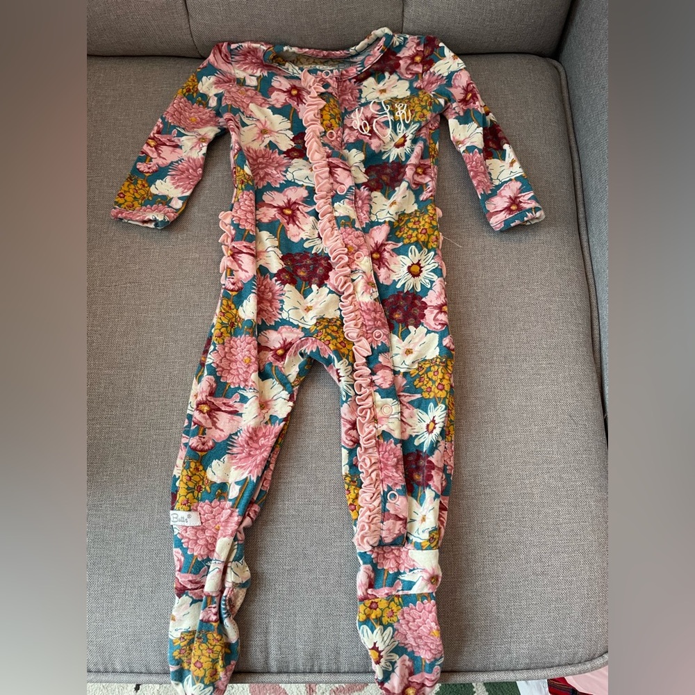 “LRJ” Monogrammed Rufflebutt Floral Footed Pajamas- 3-6 Months